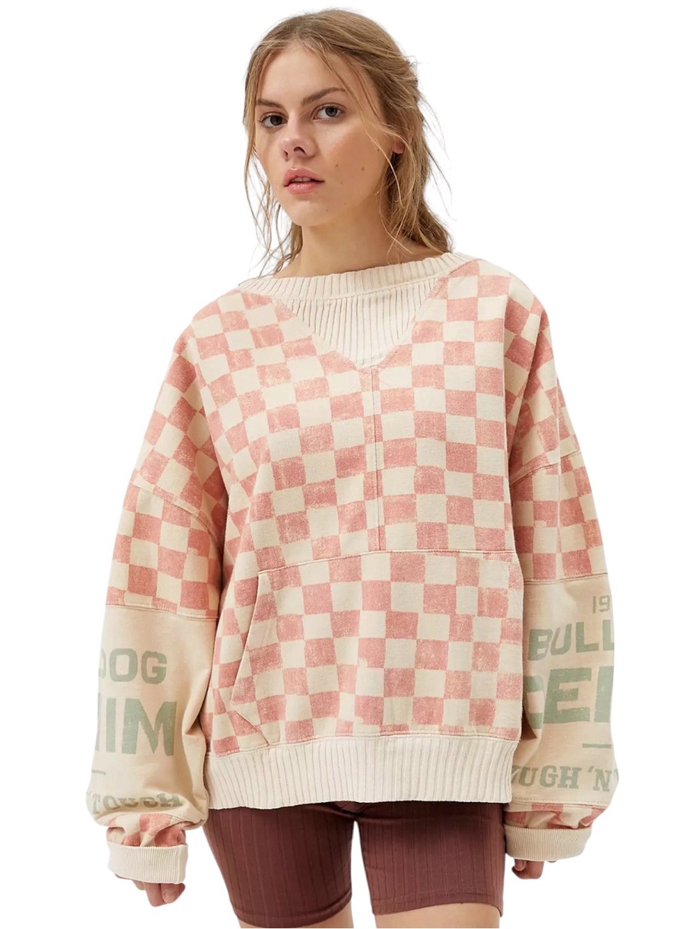 BDG Avery Slouchy Checkered Oversized Graphic Sweatshirt Pink Peach Cream Small